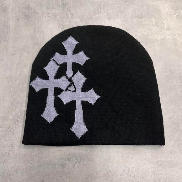 Black and Grey Crosses Acrylic Graphic Beanie Hat - Picture 1 of 3
